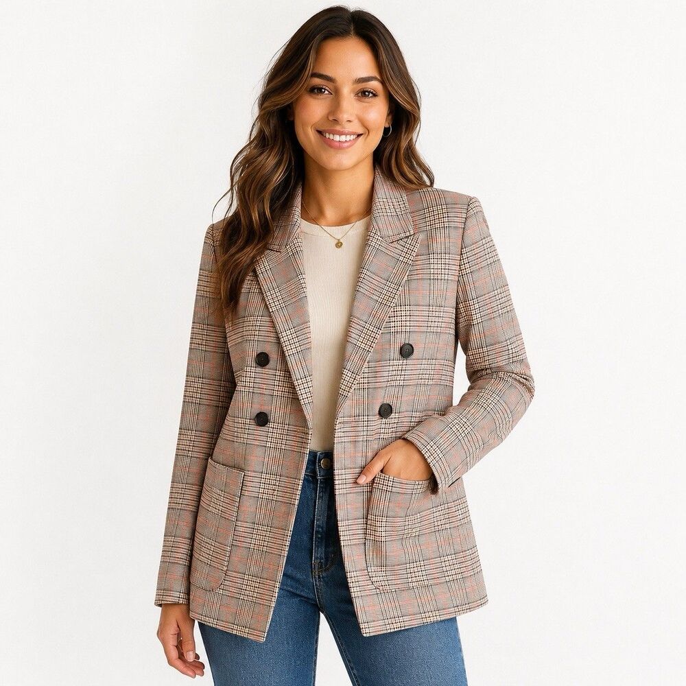 LOFT Blazer Double Breasted Glen Check Plaid Preppy Brown Size 10 Petite